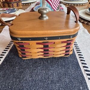 Longaberger Small Leather Handled USA American Flag Cloth Basket